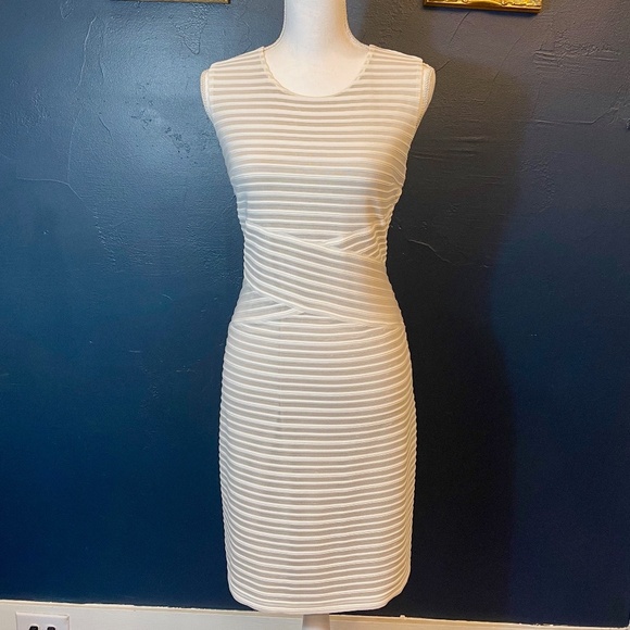Calvin Klein Cream & Tan Striped Cocktail Dress - Picture 1 of 7